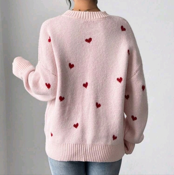 Heart Pattern Casual Crew Neck Sweater, Autumn/Winter - Picture 2 of 4